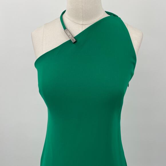 Halston Heritage Mini Dress One Shoulder Halter Choker Strap Asymmetric Green 2 - Picture 4 of 11